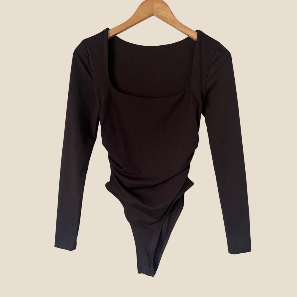 SHEIN Brown Ruched Long Sleeve Bodysuit Square Neck Thong XS basic